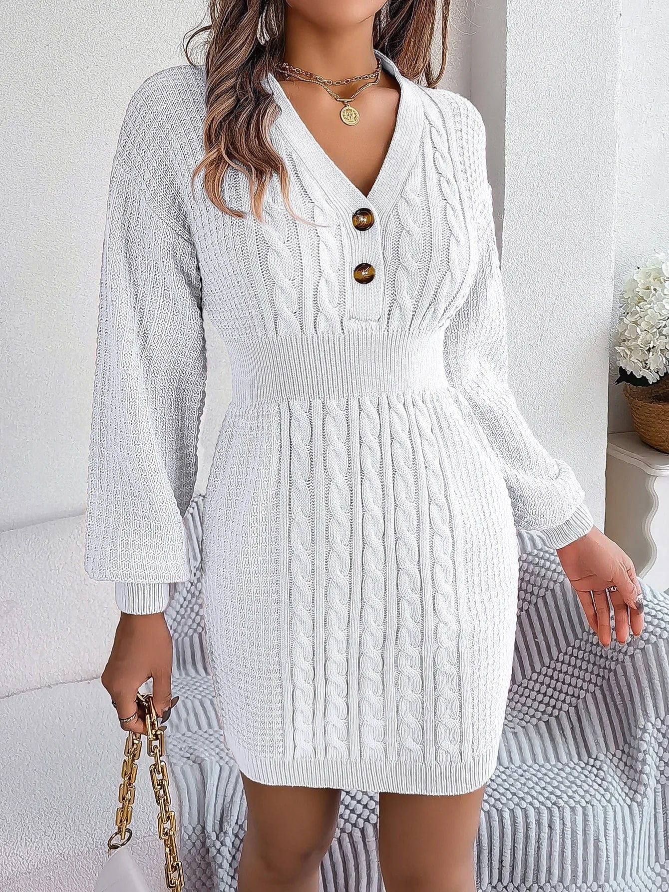 Women's Knitted Sweater Dress - V-neck - Button Detail - Cable Pattern - Fitted Model - Image 8