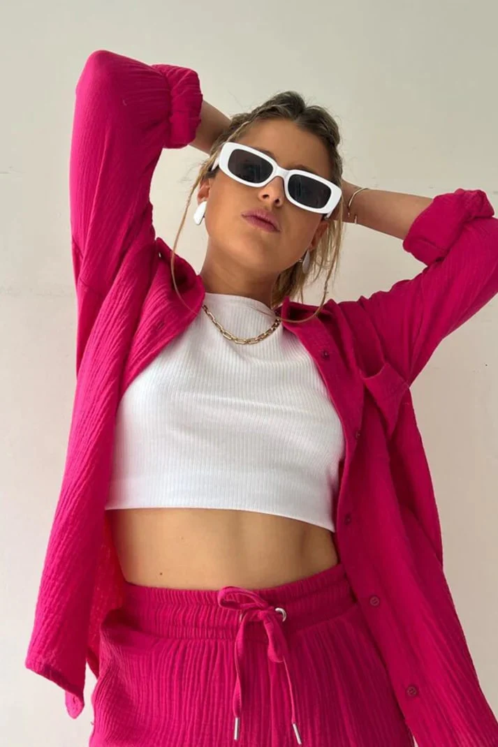 Women's Set - Oversized Blouse and High Waist Shorts - Cotton Blend - Breathable Comfort - Image 2