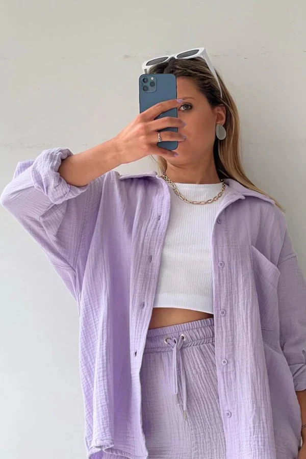 Women's Set - Oversized Blouse and High Waist Shorts - Cotton Blend - Breathable Comfort - Image 3