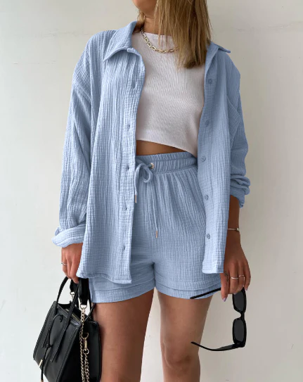 Women's Set - Oversized Blouse and High Waist Shorts - Cotton Blend - Breathable Comfort - Image 4