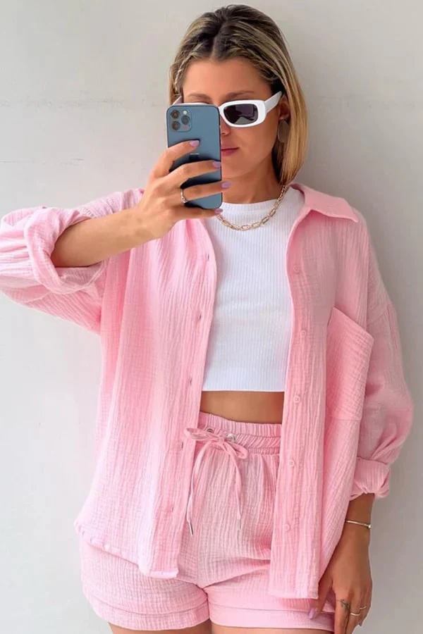 Women's Set - Oversized Blouse and High Waist Shorts - Cotton Blend - Breathable Comfort - Image 6