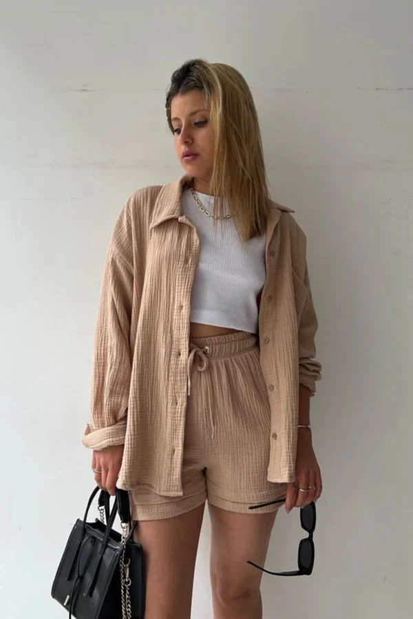 Women's Set - Oversized Blouse and High Waist Shorts - Cotton Blend - Breathable Comfort - Image 7