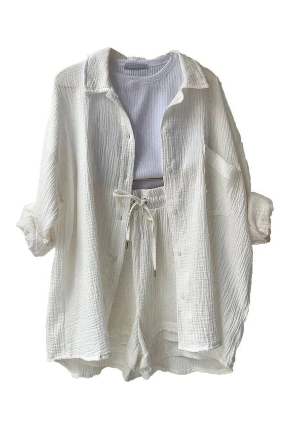 Women's Set - Oversized Blouse and High Waist Shorts - Cotton Blend - Breathable Comfort - Image 8
