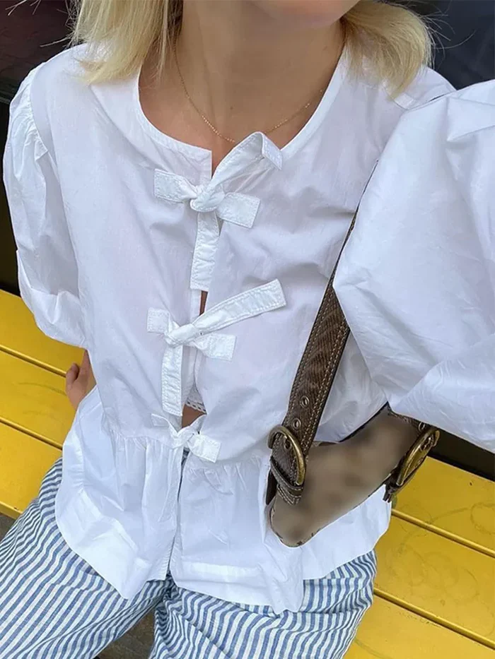 Ladies Blouse - Loose Fit - Puff Sleeve - Peplum Style - Front Tie Closure - Image 6