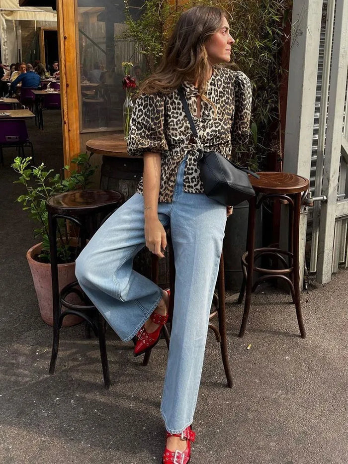 Ladies Blouse - Loose Fit - Puff Sleeve - Peplum Style - Front Tie Closure - Image 9