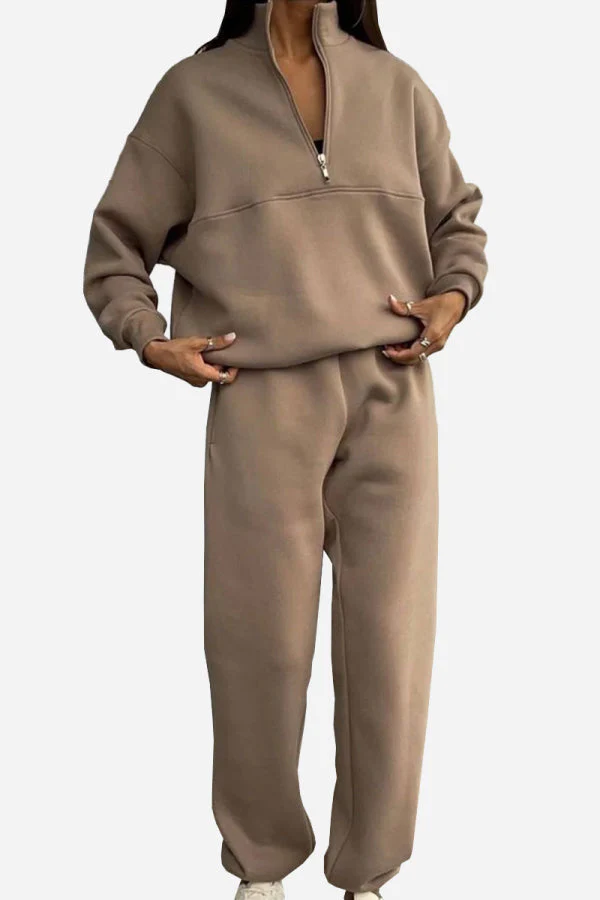 Women's Tracksuit - Oversized Top with Half-Zip - Straight Pants with Elastic Waist - Image 6