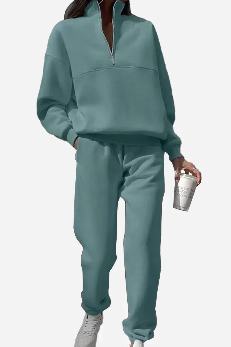 Women's Tracksuit - Oversized Top with Half-Zip - Straight Pants with Elastic Waist - Image 9