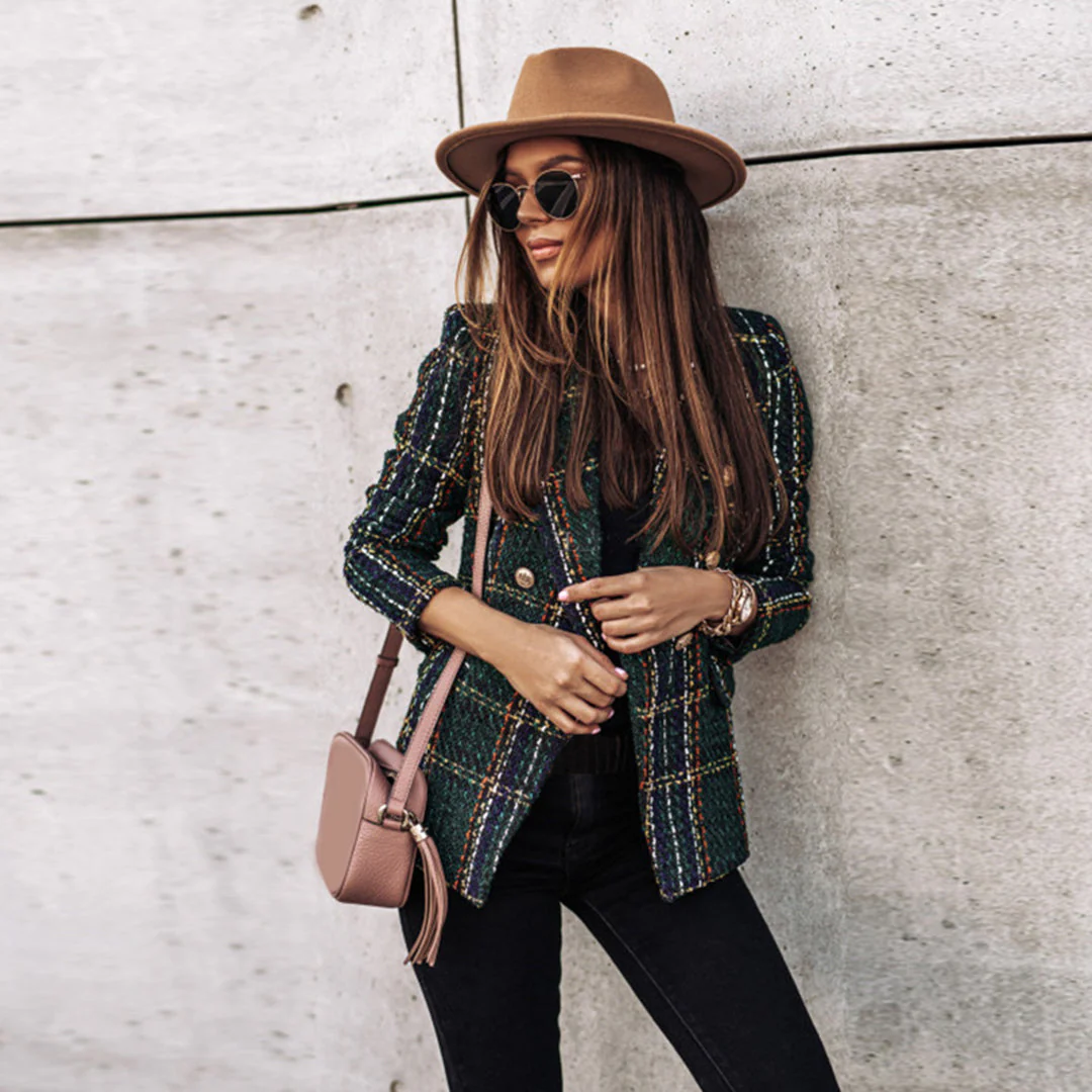 Women's Blazer - Fitted Tweed - Check Pattern - Single Closure - Elegant Look - Image 2