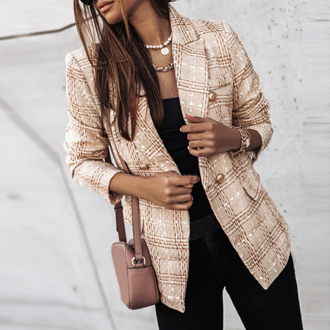 Women's Blazer - Fitted Tweed - Check Pattern - Single Closure - Elegant Look - Image 3