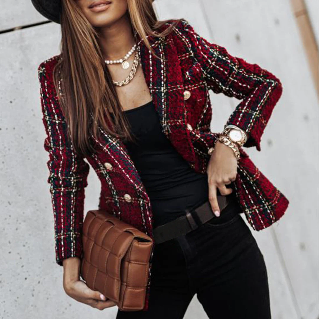 Women's Blazer - Fitted Tweed - Check Pattern - Single Closure - Elegant Look - Image 4