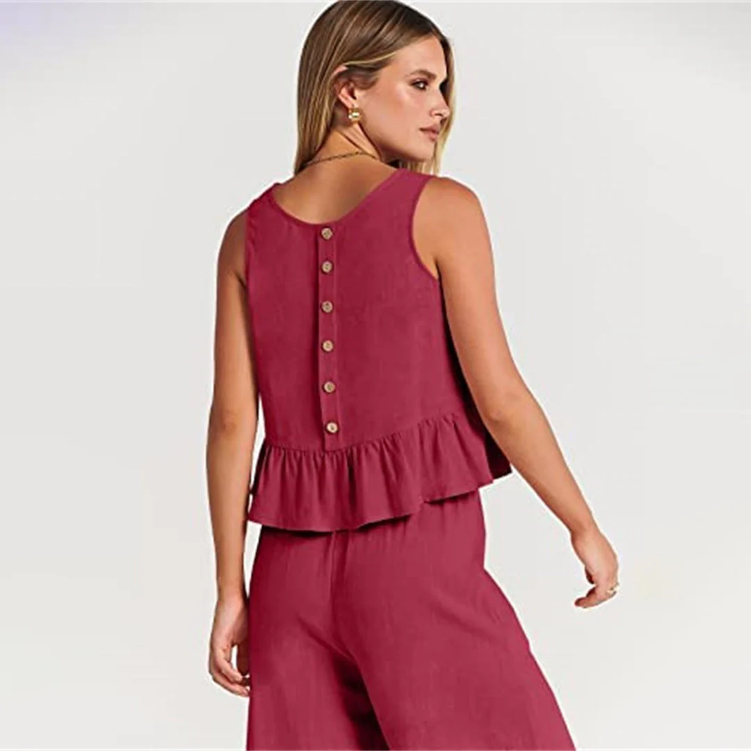 Women's Two-Piece Set – Sleeveless Peplum Top – High Waist Wide Leg Pants – Comfort Fit - Image 10