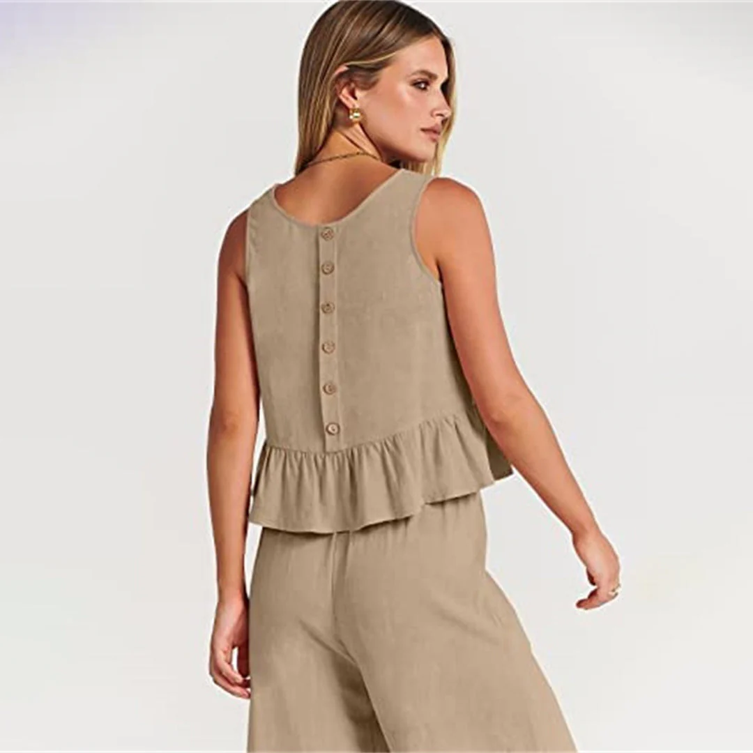 Women's Two-Piece Set – Sleeveless Peplum Top – High Waist Wide Leg Pants – Comfort Fit - Image 11