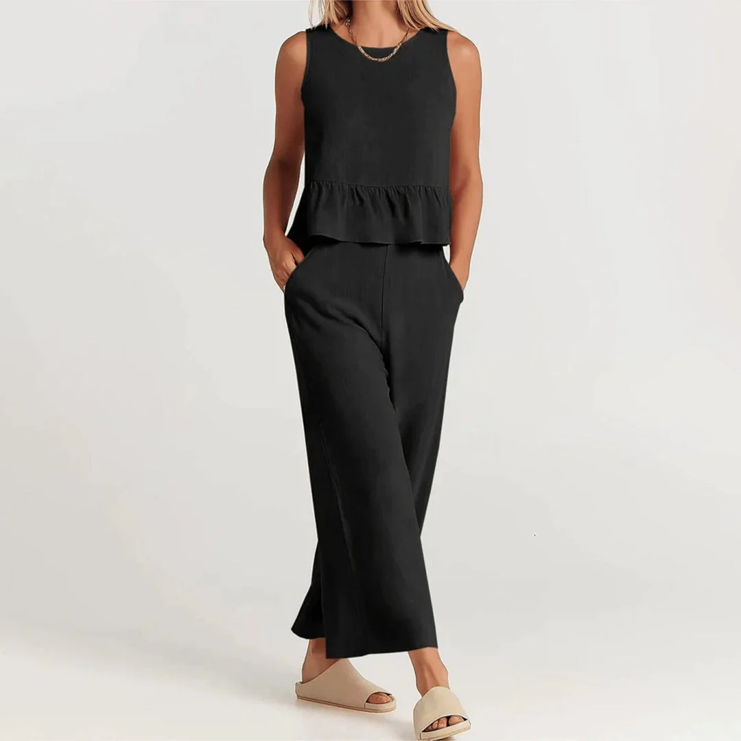 Women's Two-Piece Set – Sleeveless Peplum Top – High Waist Wide Leg Pants – Comfort Fit - Image 12