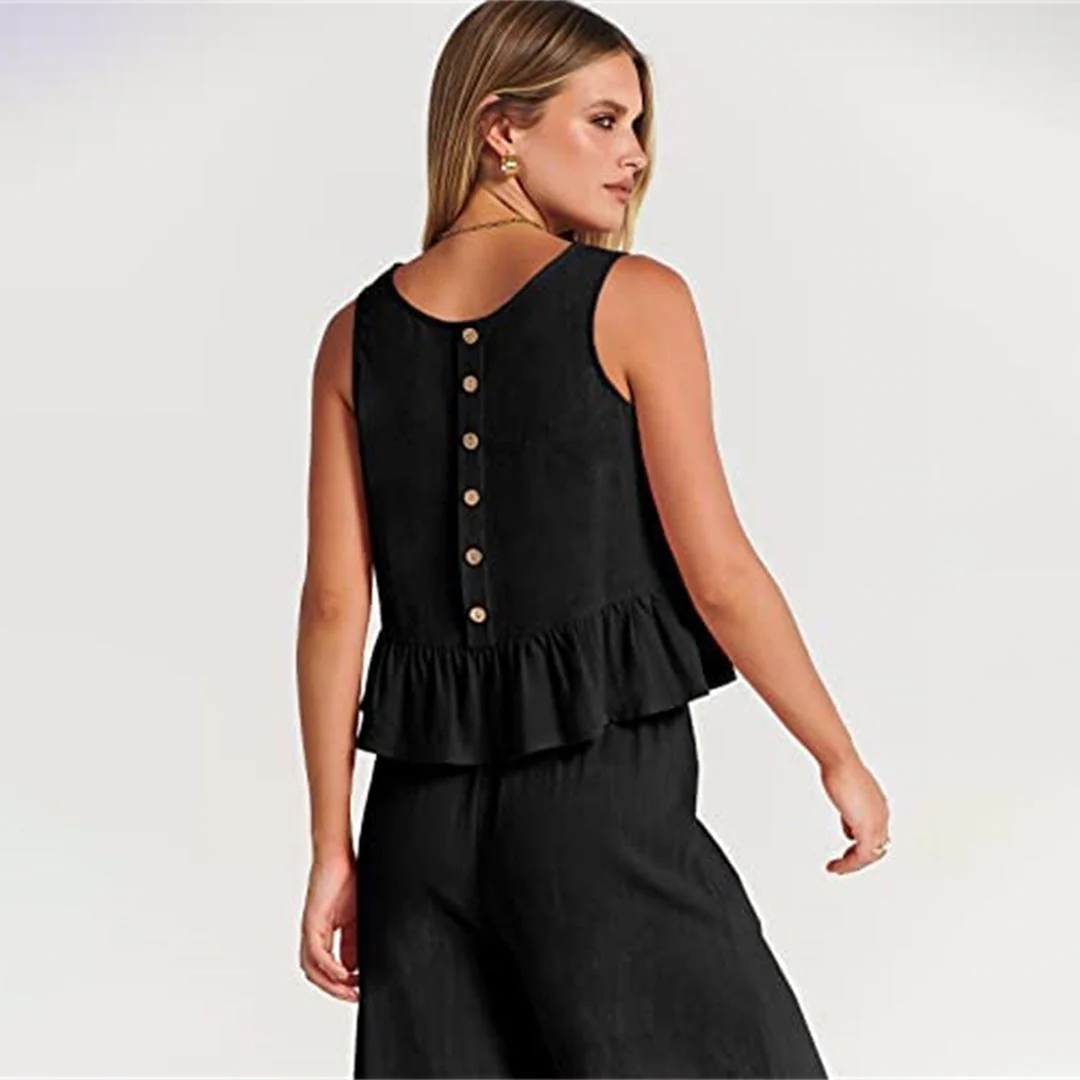 Women's Two-Piece Set – Sleeveless Peplum Top – High Waist Wide Leg Pants – Comfort Fit - Image 13