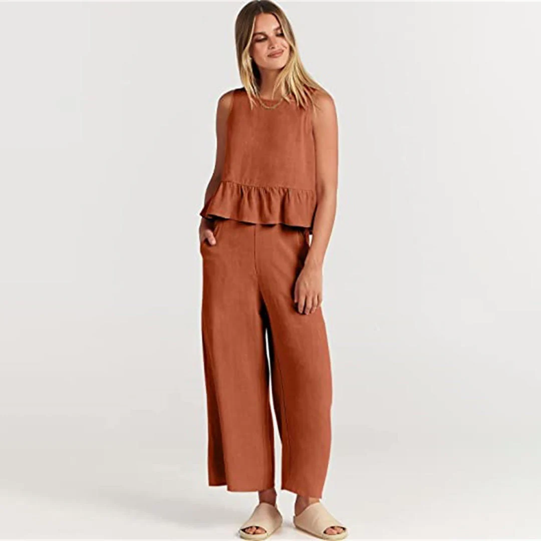 Women's Two-Piece Set – Sleeveless Peplum Top – High Waist Wide Leg Pants – Comfort Fit - Image 15