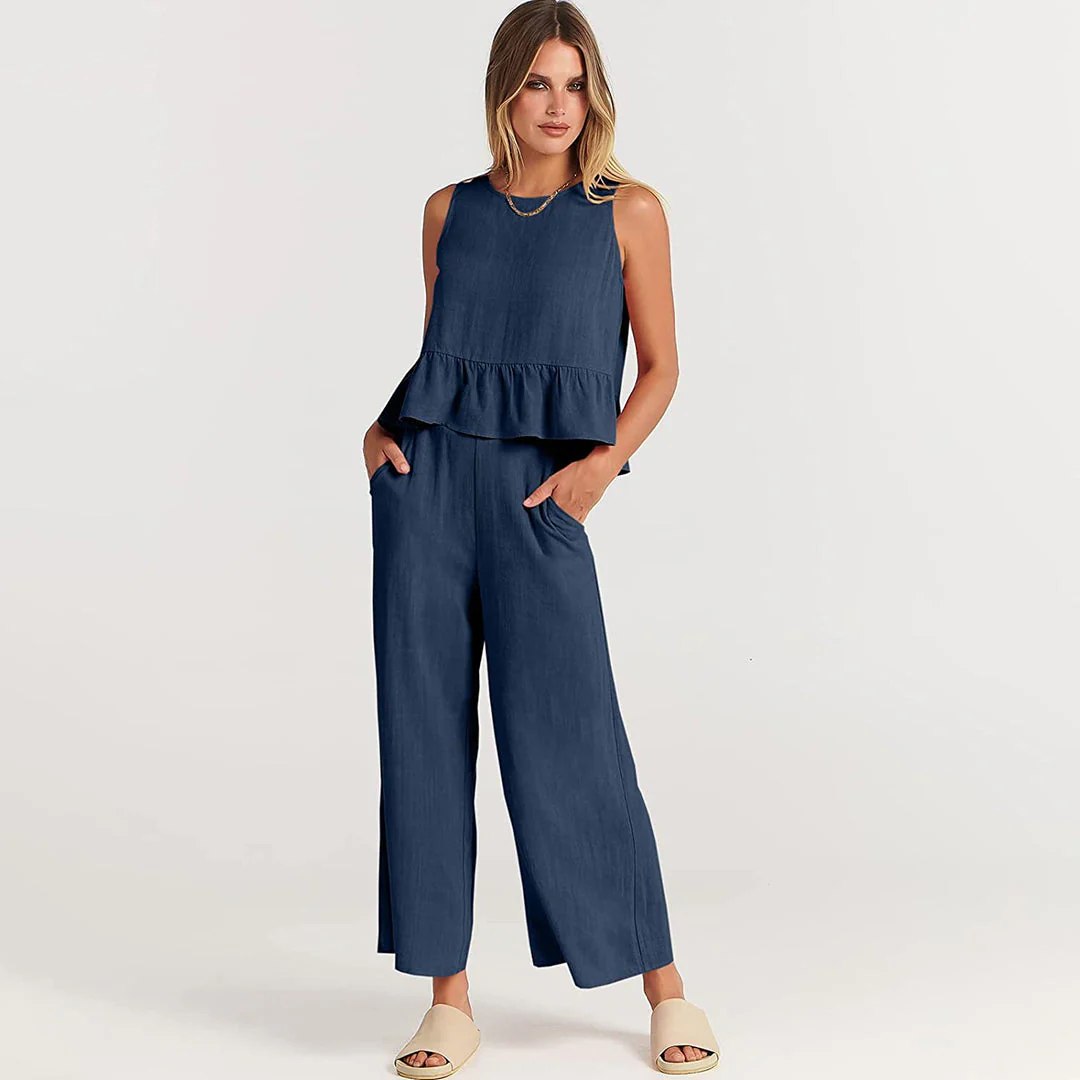 Women's Two-Piece Set – Sleeveless Peplum Top – High Waist Wide Leg Pants – Comfort Fit - Image 16