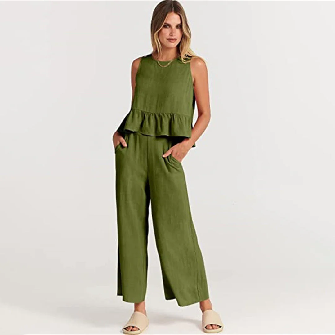 Women's Two-Piece Set – Sleeveless Peplum Top – High Waist Wide Leg Pants – Comfort Fit - Image 17