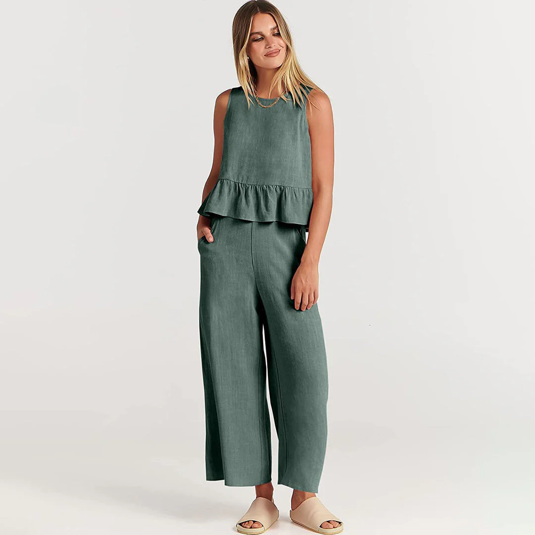 Women's Two-Piece Set – Sleeveless Peplum Top – High Waist Wide Leg Pants – Comfort Fit - Image 18