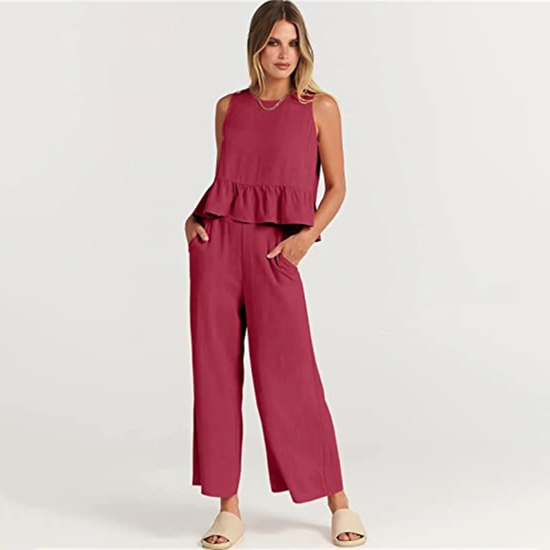 Women's Two-Piece Set – Sleeveless Peplum Top – High Waist Wide Leg Pants – Comfort Fit - Image 19