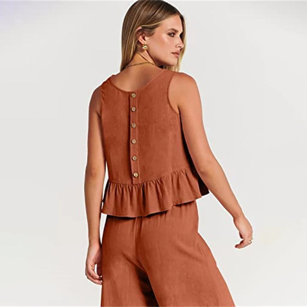 Women's Two-Piece Set – Sleeveless Peplum Top – High Waist Wide Leg Pants – Comfort Fit - Image 2