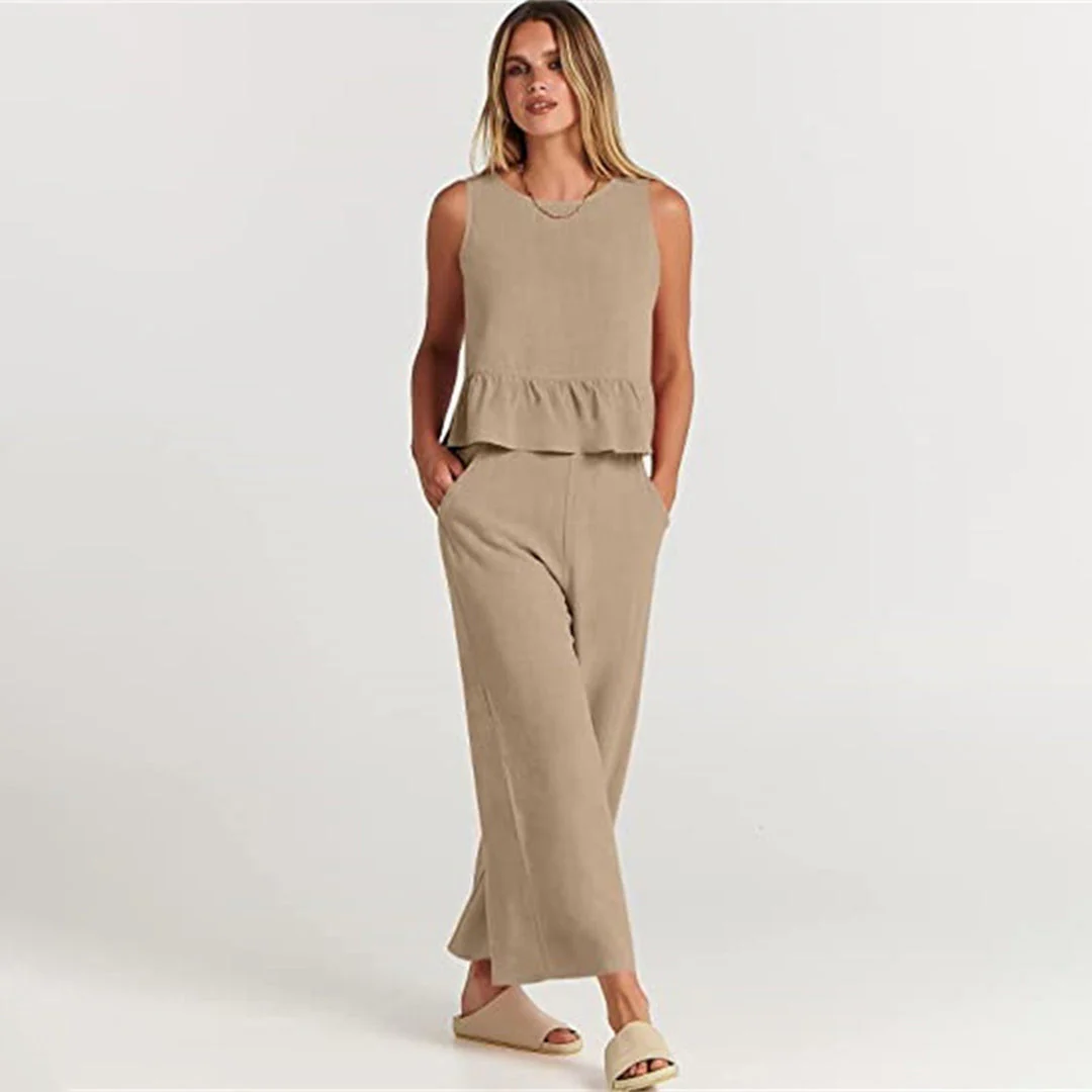 Women's Two-Piece Set – Sleeveless Peplum Top – High Waist Wide Leg Pants – Comfort Fit - Image 20