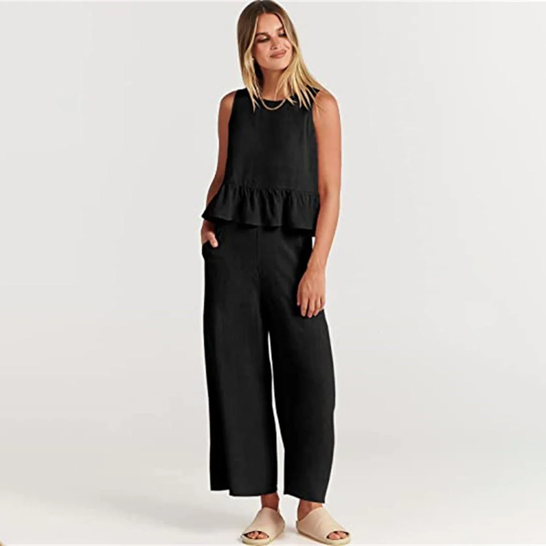 Women's Two-Piece Set – Sleeveless Peplum Top – High Waist Wide Leg Pants – Comfort Fit - Image 21