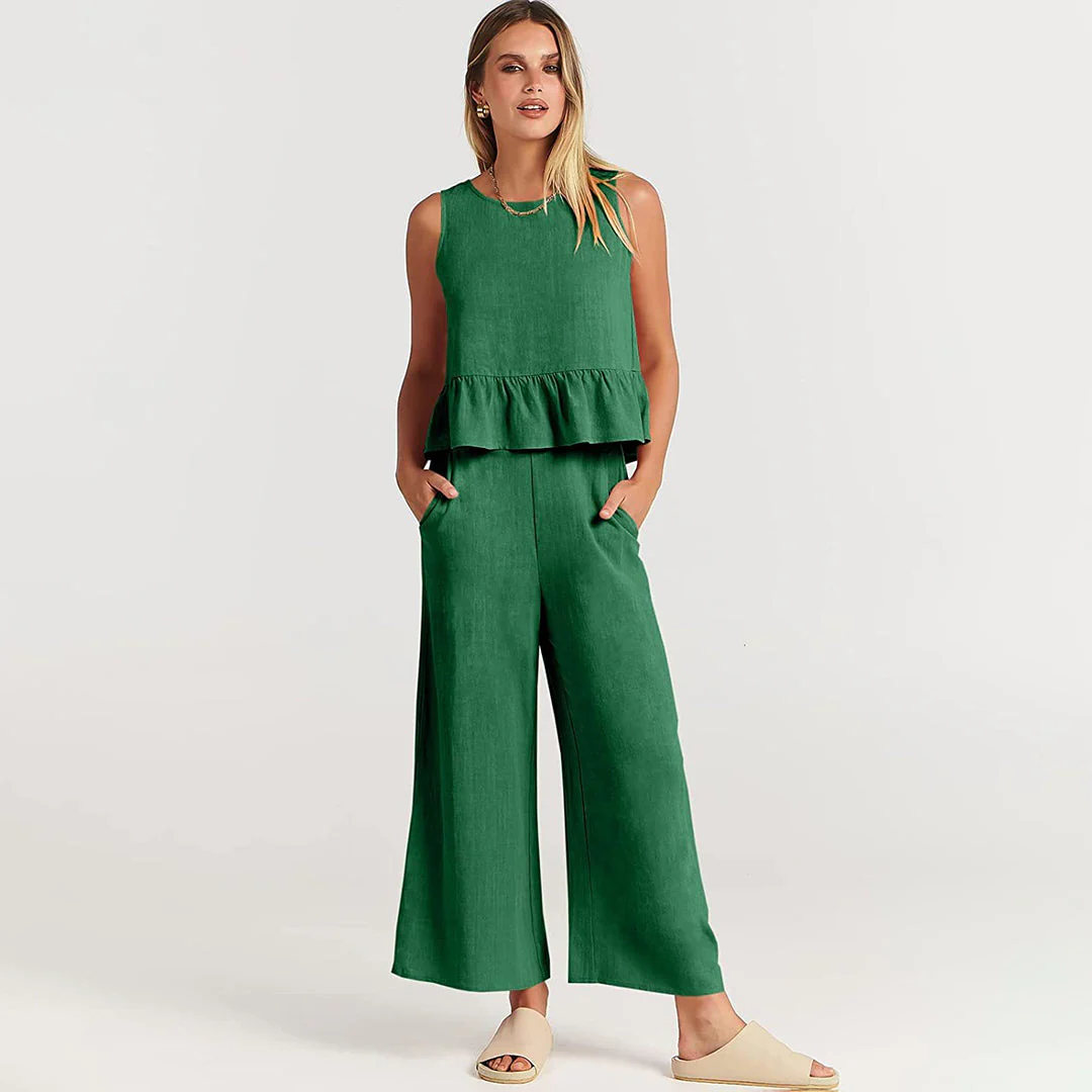 Women's Two-Piece Set – Sleeveless Peplum Top – High Waist Wide Leg Pants – Comfort Fit - Image 22