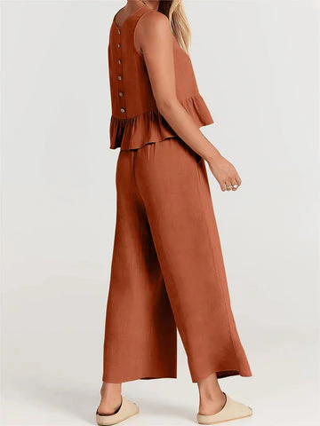Women's Two-Piece Set – Sleeveless Peplum Top – High Waist Wide Leg Pants – Comfort Fit - Image 3