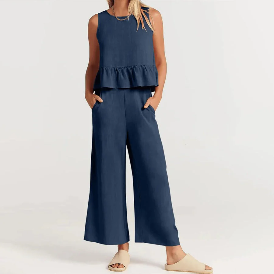 Women's Two-Piece Set – Sleeveless Peplum Top – High Waist Wide Leg Pants – Comfort Fit - Image 4