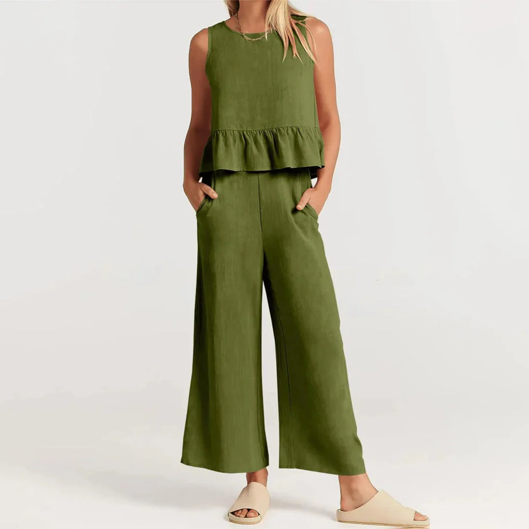 Women's Two-Piece Set – Sleeveless Peplum Top – High Waist Wide Leg Pants – Comfort Fit - Image 5