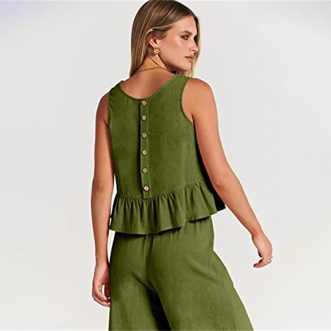 Women's Two-Piece Set – Sleeveless Peplum Top – High Waist Wide Leg Pants – Comfort Fit - Image 6