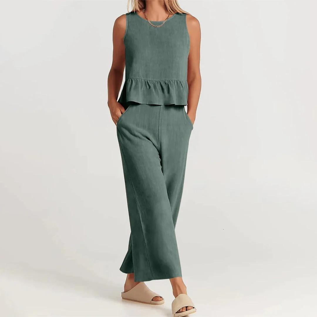 Women's Two-Piece Set – Sleeveless Peplum Top – High Waist Wide Leg Pants – Comfort Fit - Image 7