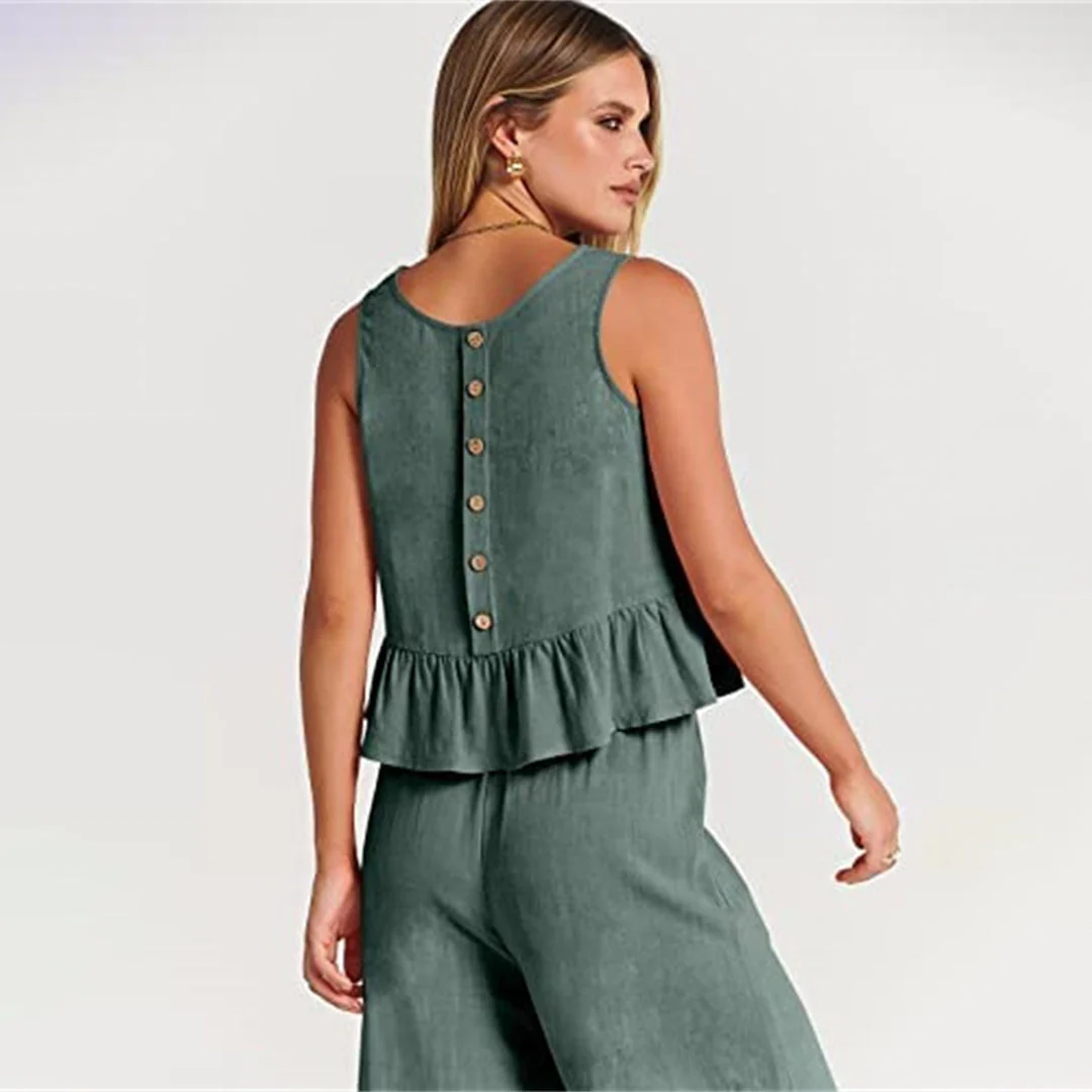 Women's Two-Piece Set – Sleeveless Peplum Top – High Waist Wide Leg Pants – Comfort Fit - Image 8