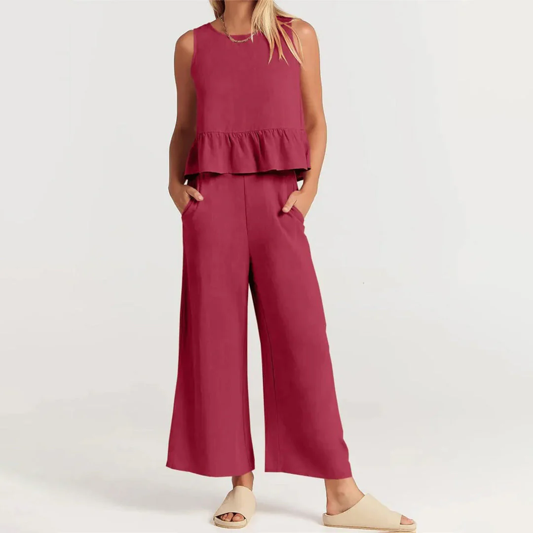 Women's Two-Piece Set – Sleeveless Peplum Top – High Waist Wide Leg Pants – Comfort Fit - Image 9