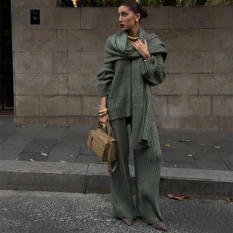Women's Knit Set – Oversized Sweater & Wide Pants – Ribbed Texture – With Scarf - Image 10