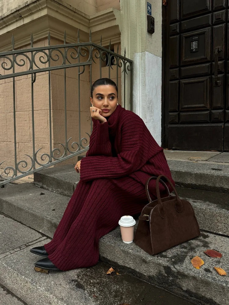 Women's Knit Set – Oversized Sweater & Wide Pants – Ribbed Texture – With Scarf - Image 3