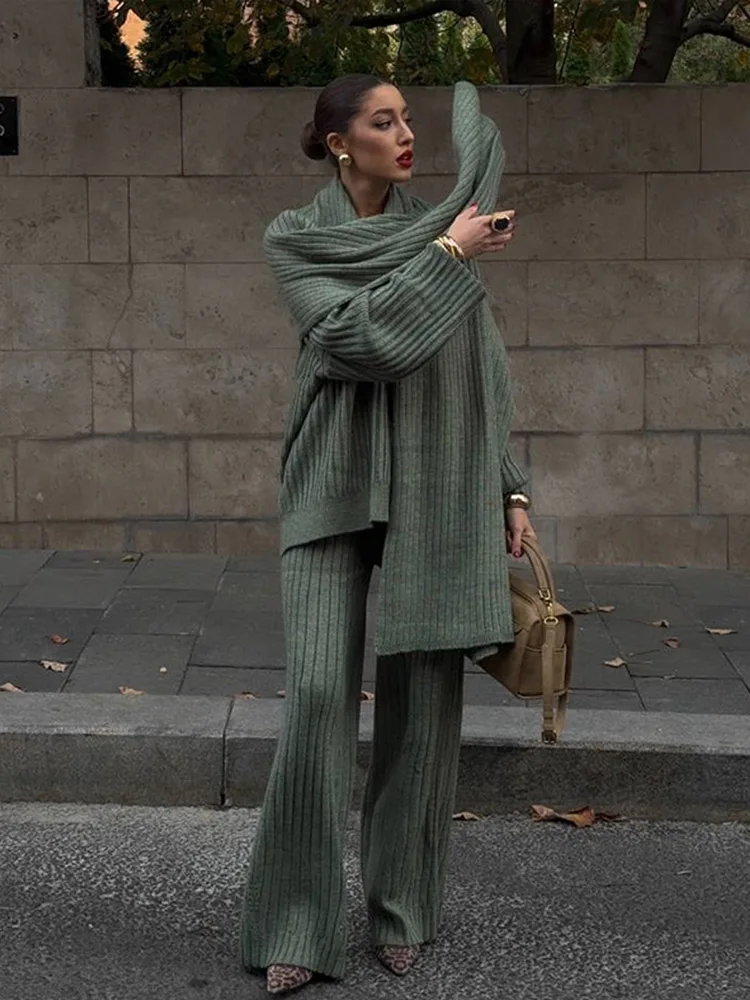 Women's Knit Set – Oversized Sweater & Wide Pants – Ribbed Texture – With Scarf - Image 5