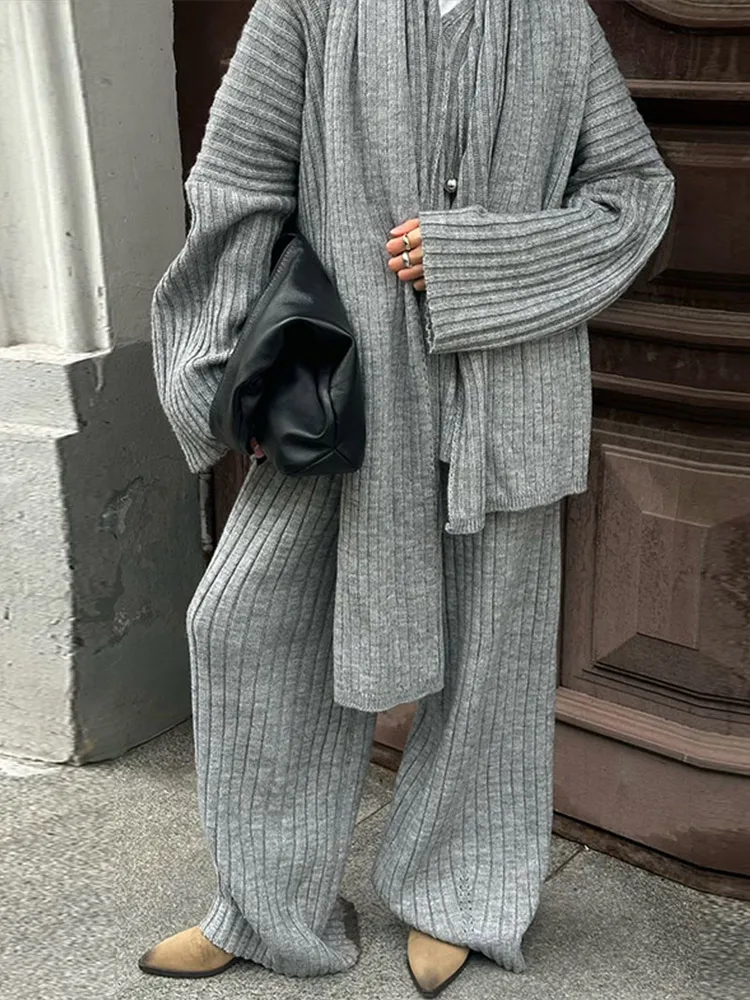 Women's Knit Set – Oversized Sweater & Wide Pants – Ribbed Texture – With Scarf - Image 6