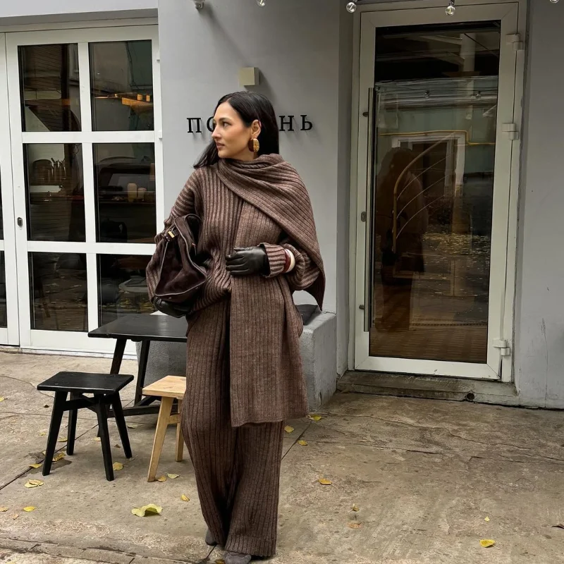 Women's Knit Set – Oversized Sweater & Wide Pants – Ribbed Texture – With Scarf - Image 7