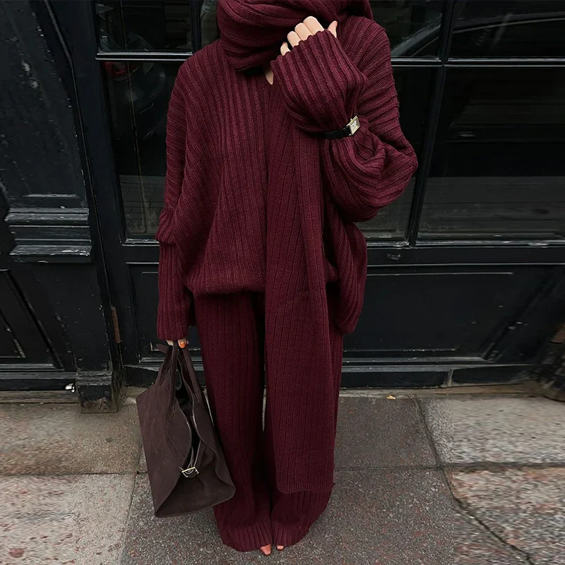 Women's Knit Set – Oversized Sweater & Wide Pants – Ribbed Texture – With Scarf - Image 8