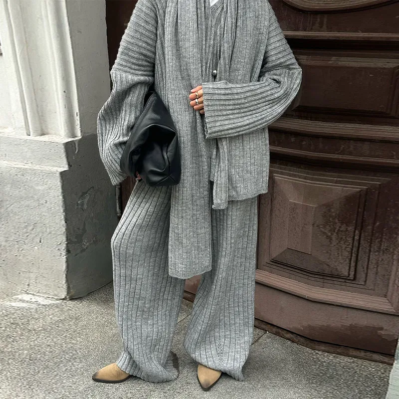 Women's Knit Set – Oversized Sweater & Wide Pants – Ribbed Texture – With Scarf - Image 9