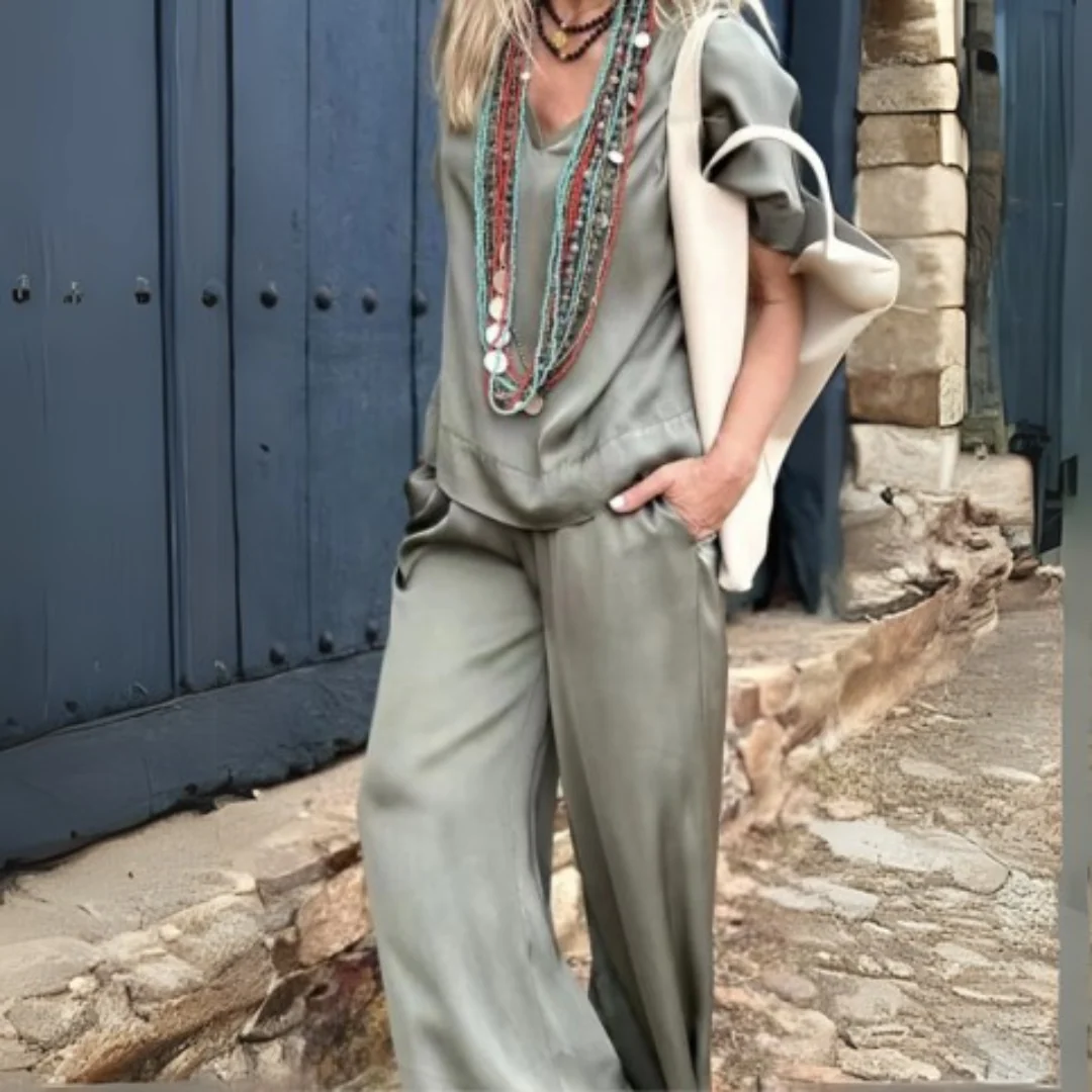 Women's Two-Piece Set – Airy Top – Wide Trousers – Comfortable Fit Casual Look - Image 2