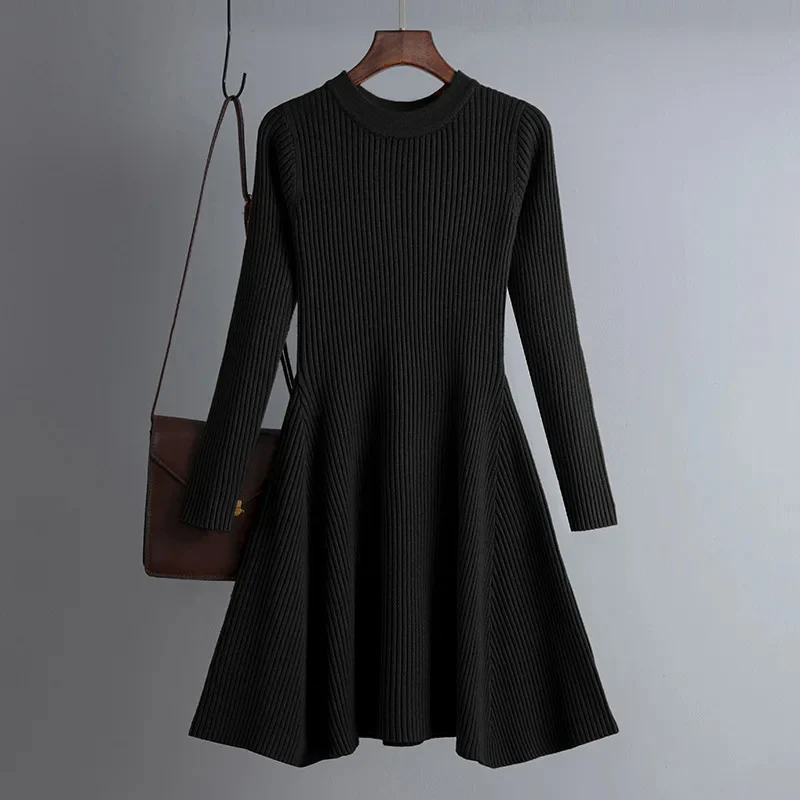 Women's Knit Dress – Ribbed Texture – A-line Fit – Long Sleeves – Mini Length - Image 10