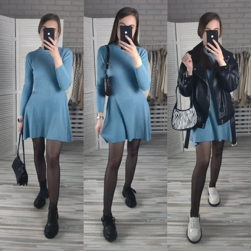 Women's Knit Dress – Ribbed Texture – A-line Fit – Long Sleeves – Mini Length - Image 11