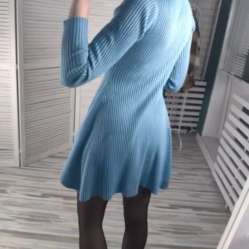 Women's Knit Dress – Ribbed Texture – A-line Fit – Long Sleeves – Mini Length - Image 12