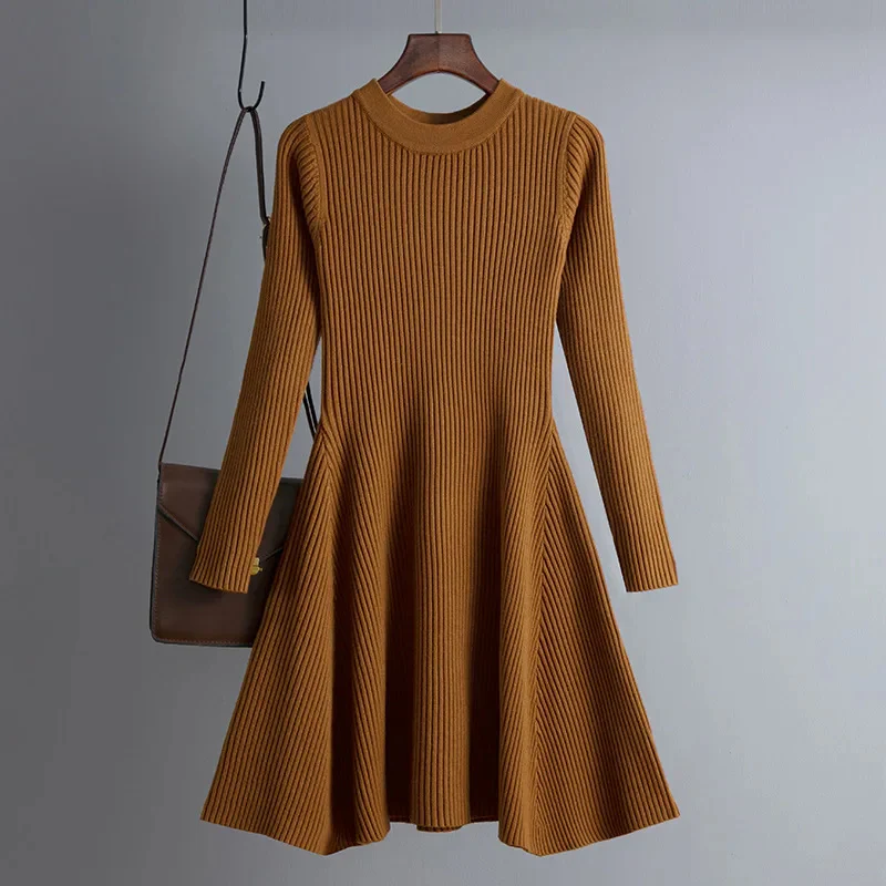 Women's Knit Dress – Ribbed Texture – A-line Fit – Long Sleeves – Mini Length - Image 4