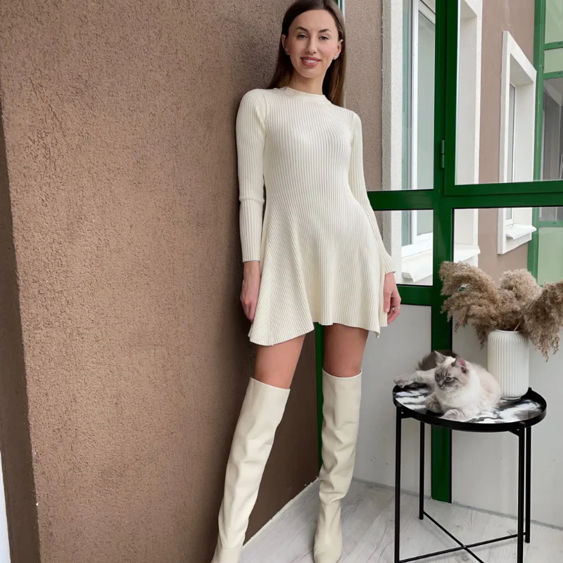 Women's Knit Dress – Ribbed Texture – A-line Fit – Long Sleeves – Mini Length - Image 5