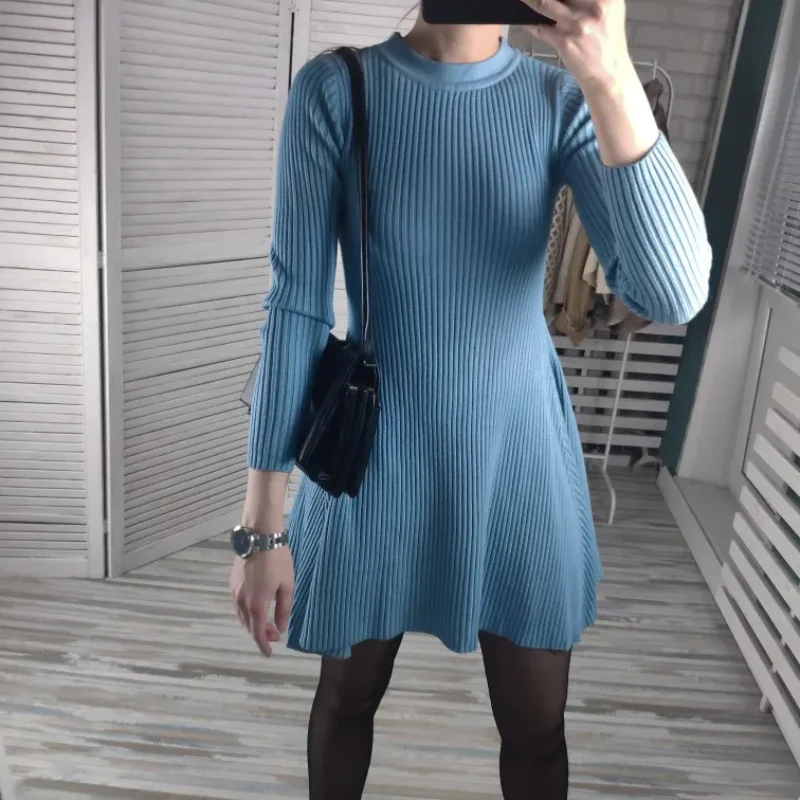 Women's Knit Dress – Ribbed Texture – A-line Fit – Long Sleeves – Mini Length - Image 6
