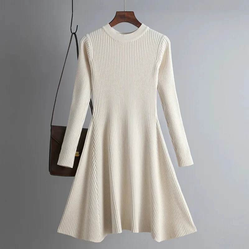 Women's Knit Dress – Ribbed Texture – A-line Fit – Long Sleeves – Mini Length - Image 7