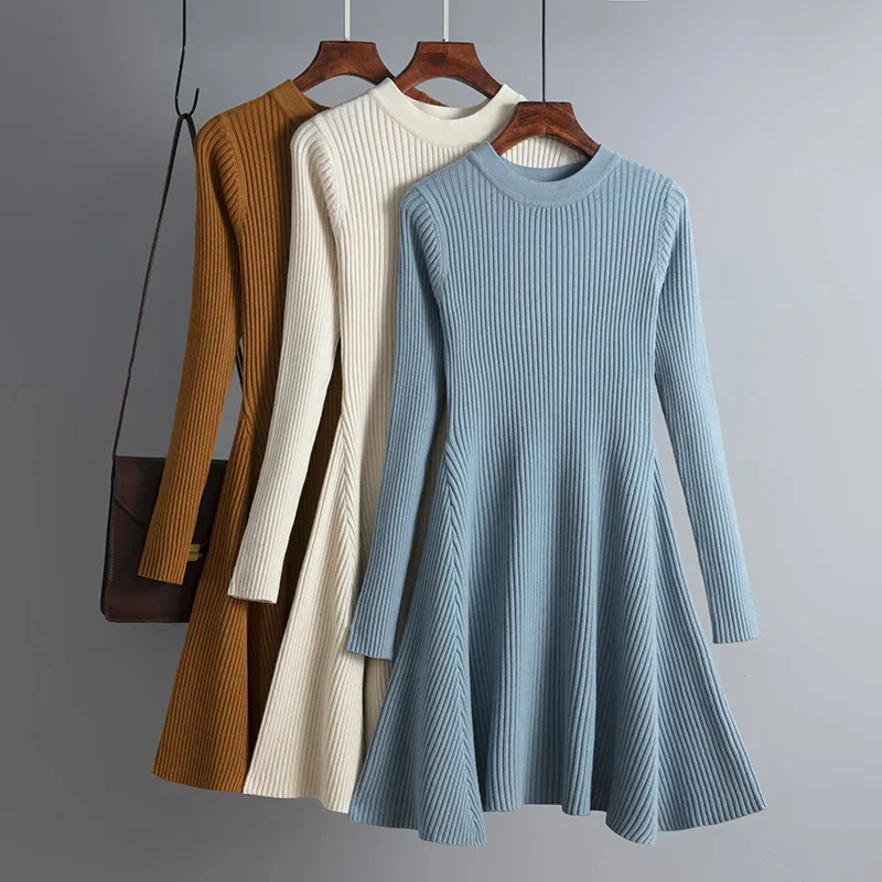 Women's Knit Dress – Ribbed Texture – A-line Fit – Long Sleeves – Mini Length - Image 8